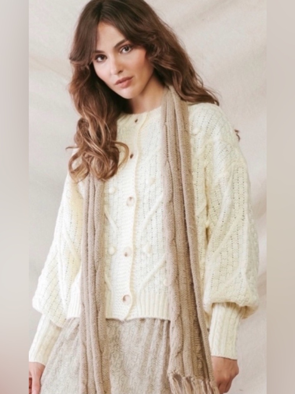 🍁 Women's Cream Pom Knit Button Front Cardigan Elegant Classy Fall Sweater🍁